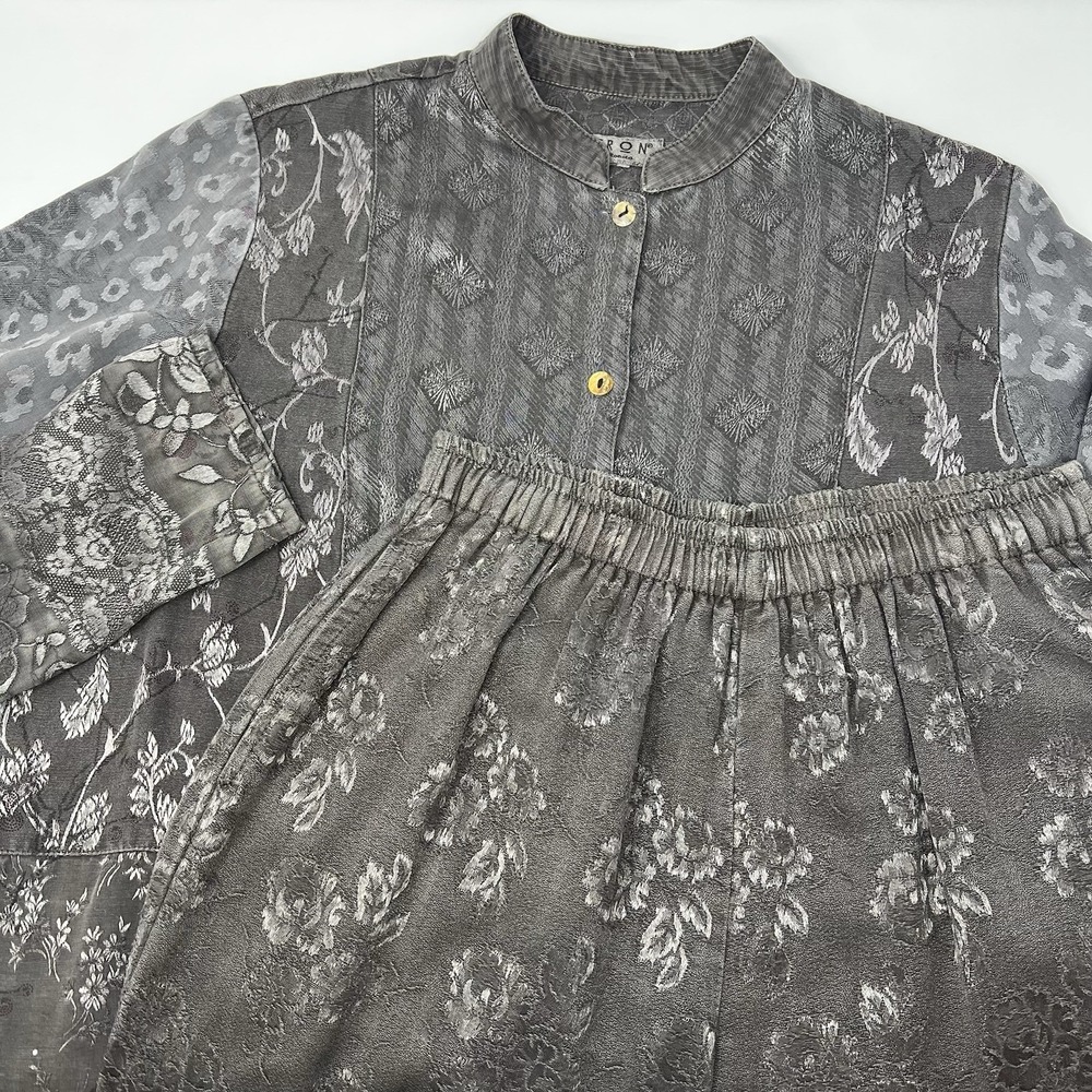 Citron Santa‎ Monica Small Set Blouse/Pants Satin Floral Patchwork Jacquard Gray